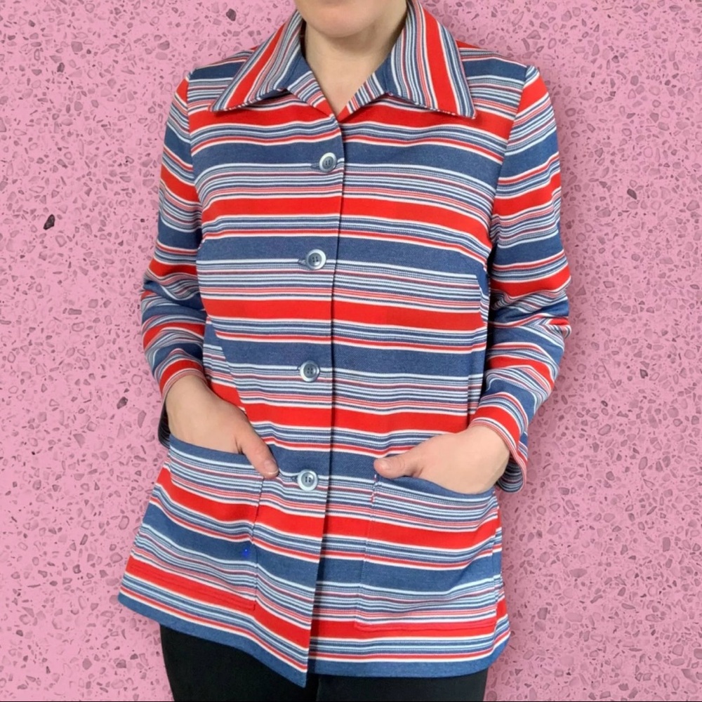 Vintage 1970s Red, White, Blue Striped Patriotic Button Down Top